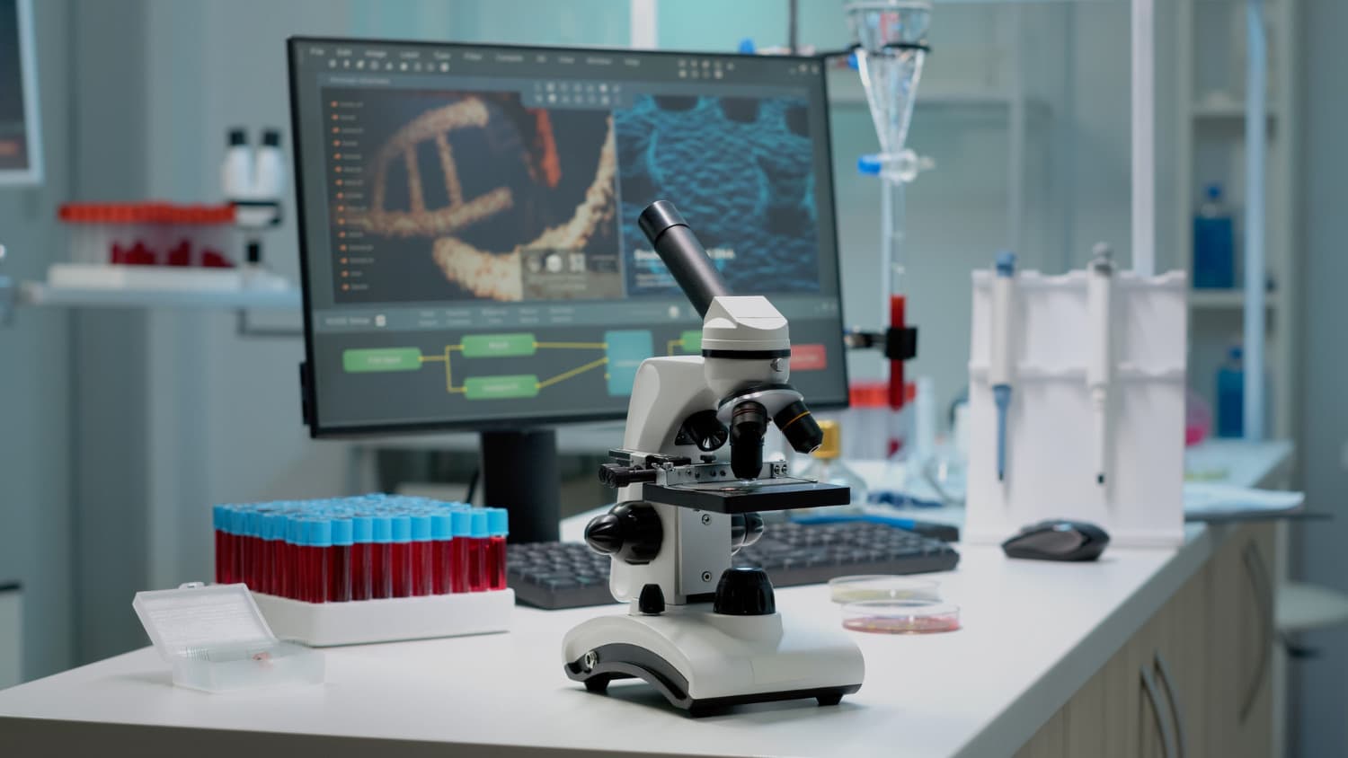 Scientific laboratory equipment arranged on a work surface